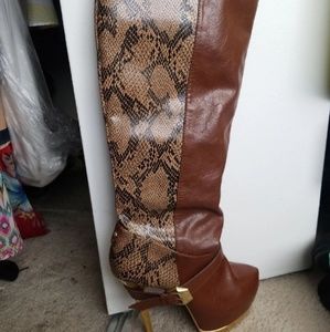 Snake print knee boots